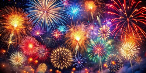 Fototapeta premium Vibrant fireworks burst across the dark sky, painting a kaleidoscope of colors, sparks raining down, electrifying the atmosphere with festive energy and patriotic pride.