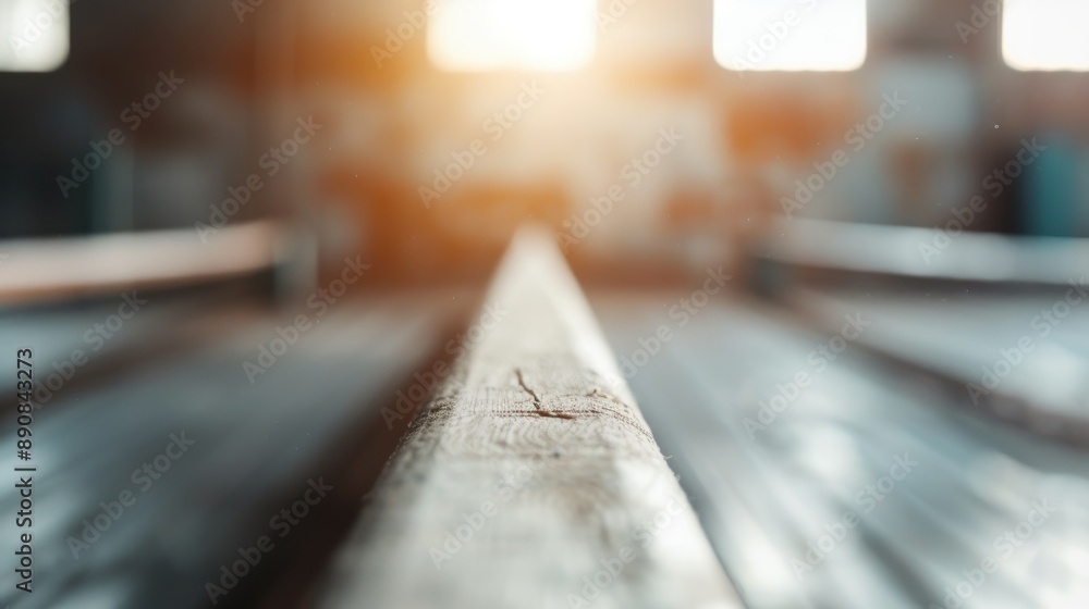 Poster a wooden beam leading towards the horizon in an empty warehouse with sunlight streaming through larg