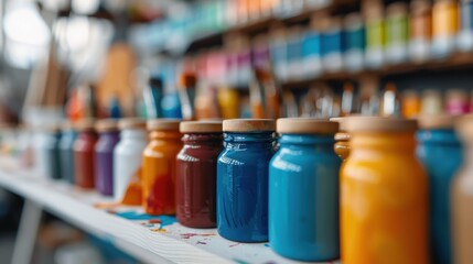 A collection of colorful paint jars is neatly arranged on a rack in an artist's studio, showcasing a spectrum of hues and implying creativity, inspiration, and artistic work.