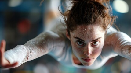 A gymnast in a white outfit captured mid-air while performing a dynamic routine on a beam, showcasing strength, grace, and balance in a well-lit gymnasium setting.