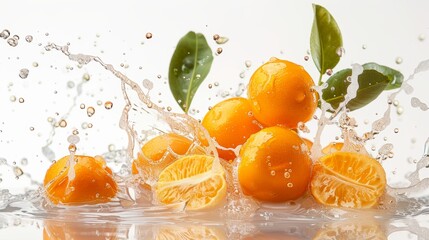 Vibrant and fresh oranges splash dynamically in a burst of water, full of life and juicy energy,...