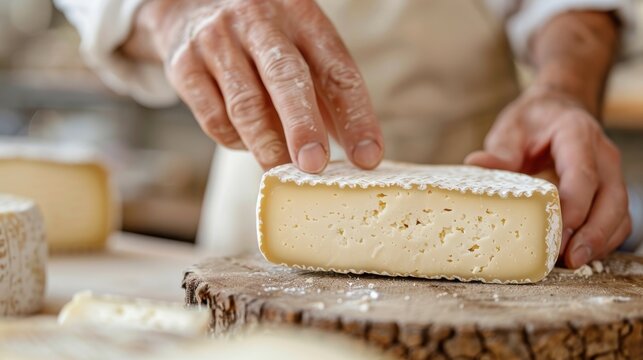 Artisan carefully handling a block of soft cheese with a crumbly texture on a rustic wooden surface, showcasing the artisanal cheese-making process.