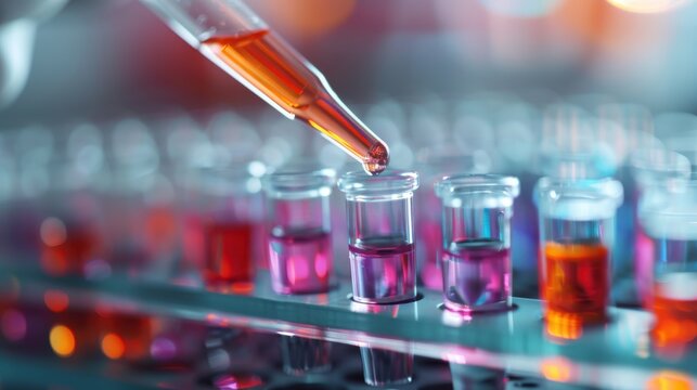 A pipette dispensing a solution into a row of test tubes filled with colorful liquids, representing scientific research, experiments, and precision in a laboratory setting.