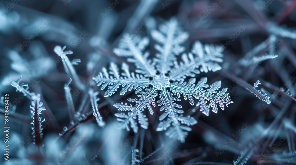 Poster a stunning macro photo showing a single snowflake in sharp focus among a backdrop of other snowflake