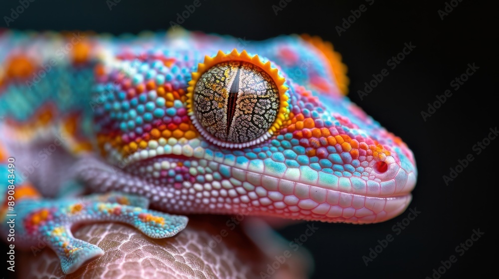 Poster an up-close shot of a vibrant gecko with detailed and colorful skin patterns, showcasing its texture