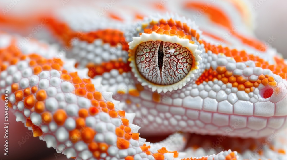 Poster a close-up image of a gecko showcasing its white and orange patterned scales and captivating eye str