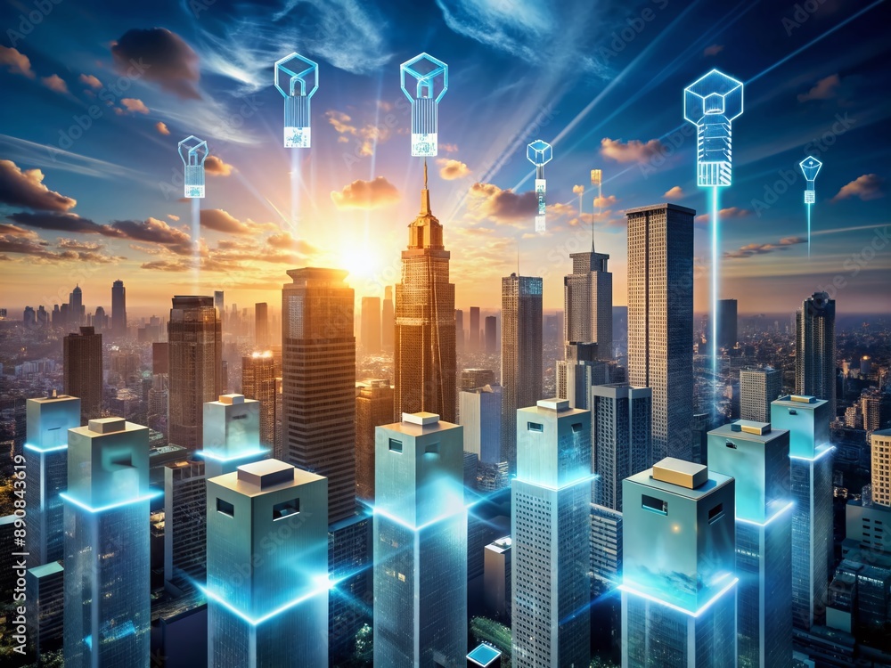 Poster digital ballots and cryptographic keys hover above a futuristic cityscape, representing a secure, tr