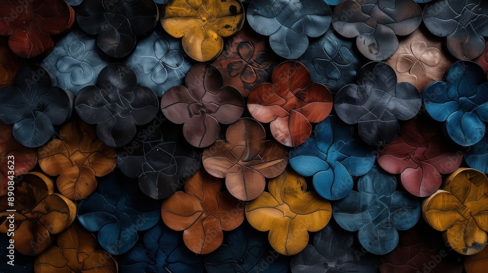 Poster a vibrant collection of multicolored leather flowers neatly arranged on display, showcasing an array
