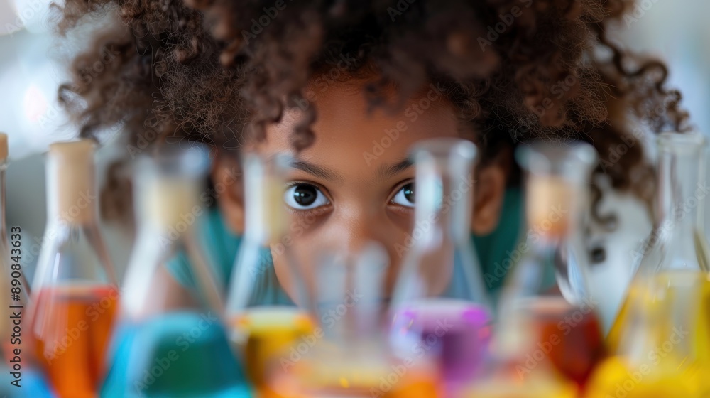 Poster a curious child with a head full of curls is intensely observing colorful chemical liquids in variou