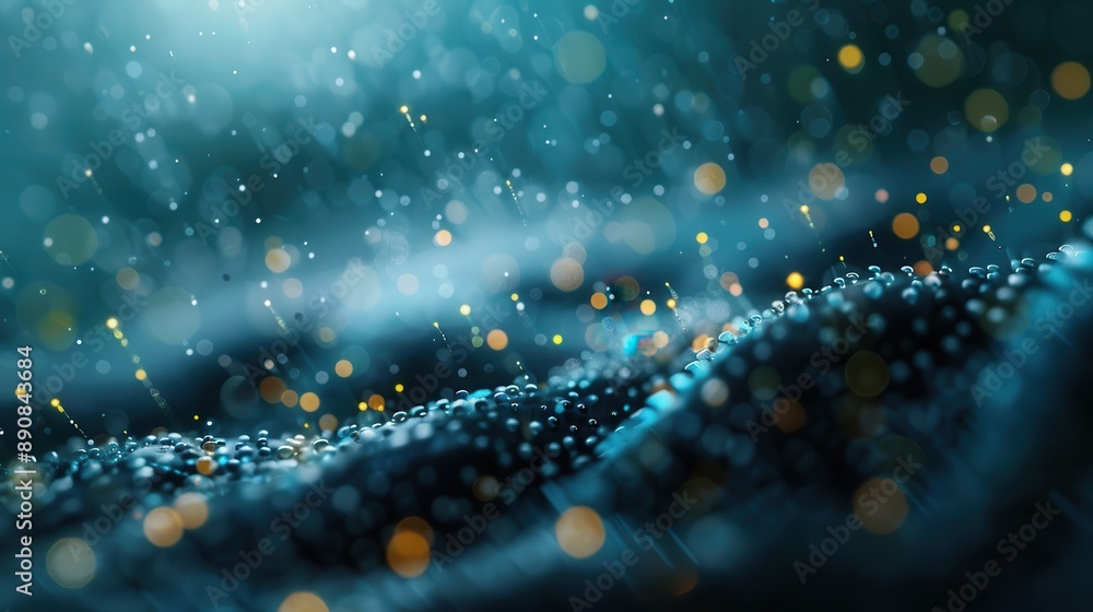 Poster an abstract image capturing light reflections and water droplets in a mesmerizing blend of colors, c