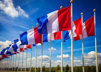 Vibrant row of French tricolor flags stand upright in perfect alignment, waving gently in the breeze, evoking patriotic fervor and national pride on a celebratory day.