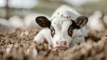 Obraz premium A young calf is lying down in a barn, with a soft focus on the background, showcasing the serene and peaceful environment for farm animals.