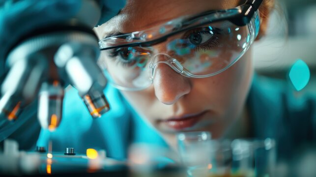 A detailed close-up of a microscope, with a scientist working in the background in a laboratory setting, demonstrating a professional scientific environment.