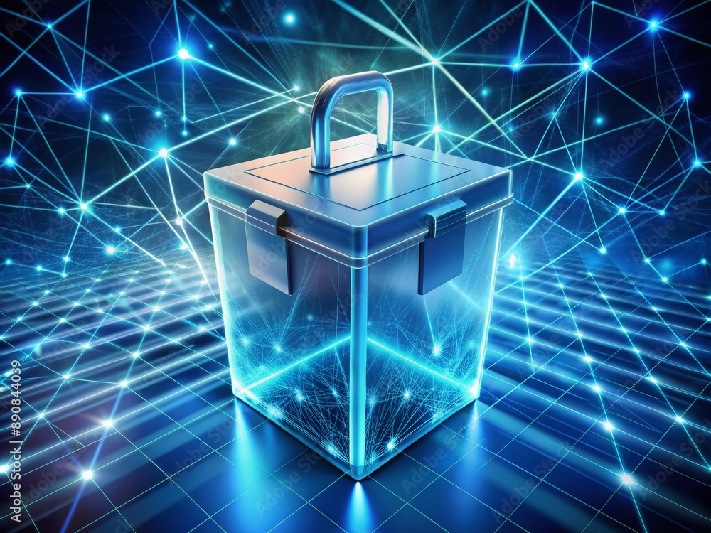Poster digital blockchain network layers protecting ballot box, securing votes with cryptography, ensuring 