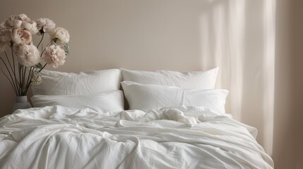A minimalist bedroom is depicted with white pillows and flowers, showcasing simplicity in design. The neutral tones and natural light create an elegant and calm ambiance.