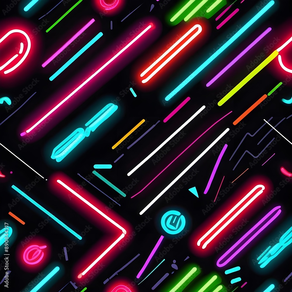 Poster neon dreams: a vibrant and energetic seamless pattern featuring a kaleidoscope of neon lights in var