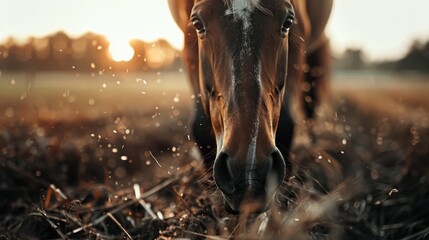 A striking close-up photograph of a horse with fine details of its face and mane, captured during sunrise or sunset, highlighting the beauty of the animal in a natural setting.