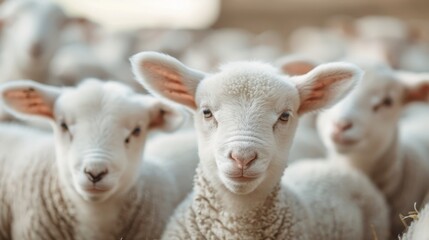 Fototapeta premium A heartwarming image featuring a lamb with large prominent ears standing amid a flock of other lambs, showcasing the innocence and charm of young farm animals.