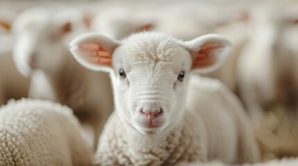 Obraz premium An adorable image capturing a lamb with large ears positioned prominently amidst a flock of lambs, set against a soft blurred background, emphasizing unity and rural life.
