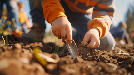 Child digging in soil with a trowel