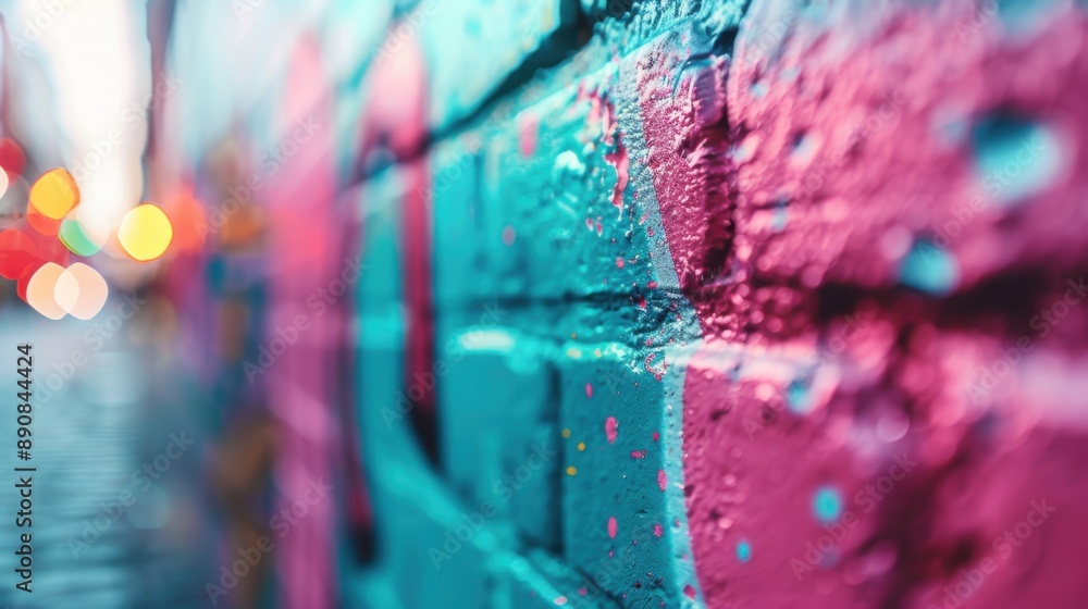 Aufkleber the image shows a close-up of a vibrant graffiti-covered wall, highlighted by multicolored lights sh