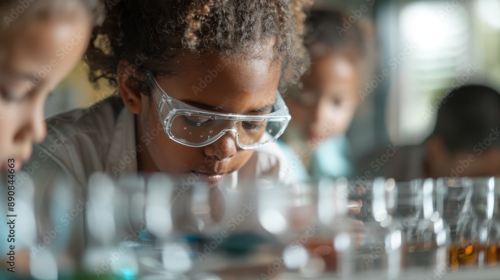 Poster children are engaged in colorful science experiments, focusing hard on their work. various flasks fi