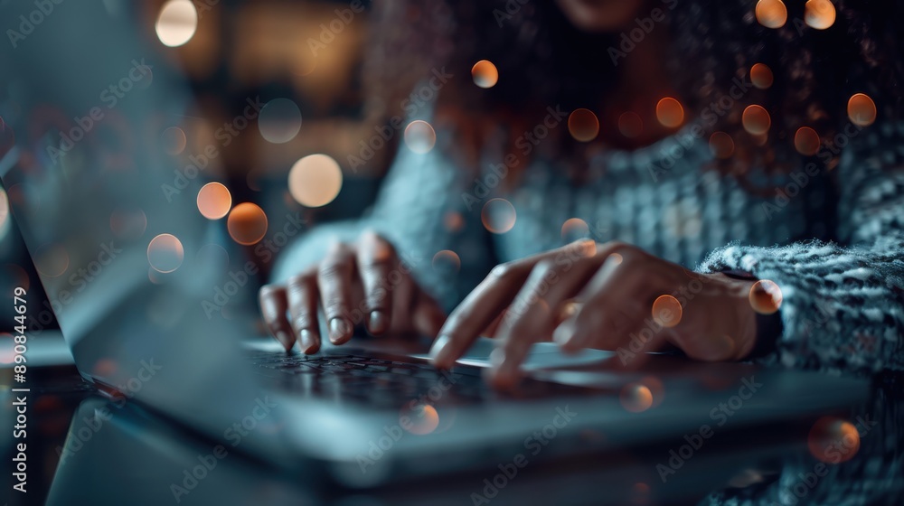 Poster hands are seen typing on a laptop keyboard in a cozy setting, with warm bokeh lights in the backgrou