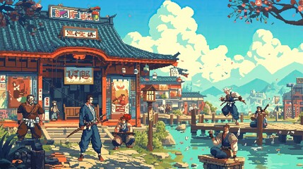 A retro game advertisement in pixel art style, promoting a fictional game with bold typography and quirky characters , super detailed