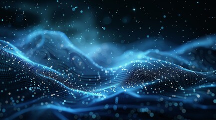 Abstract Blue Digital Waves With Glowing Particles