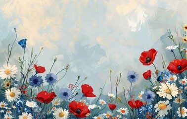Watercolor Painting of Red Poppies and Blue Cornflowers in a Field