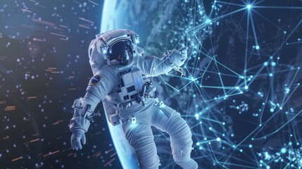 Astronaut Interacting with a Network of Connections in Space