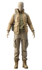 Fototapeta premium Full mannequin with henley, cargo pants, boots, jacket, and backpack