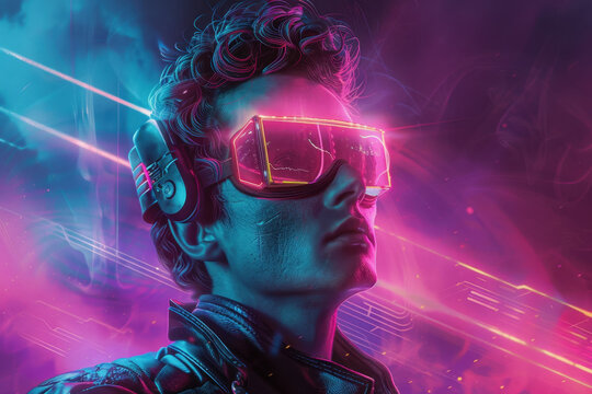 Concept of virtual reality technology, cyberpunk with a Virtual Reality Headset Portrait