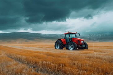 Obraz premium Red Tractor in a Field After Harvest