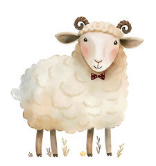 Cute little lamb with bow tie. Watercolor illustration for children design