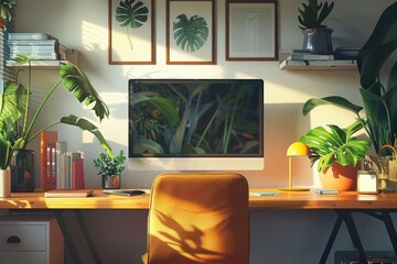 Flat design illustration of remote work, showing home office setup, close up, flexibility theme, vibrant, manipulation, with living room backdrop