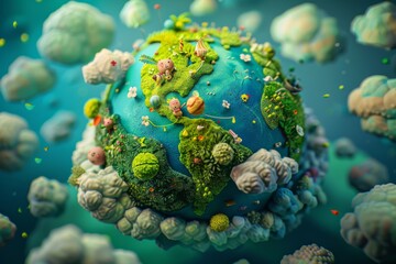 A whimsical Earth illustration with cartoon characters and playful elements, spreading a message of joy and positivity towards our planet.