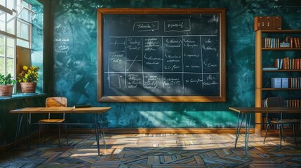 A bright and inviting classroom featuring a large chalkboard with handwritten notes, wooden desks, and shelves filled with books. Sunlight streams through the windows, educational atmosphere.
