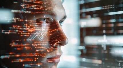 Digital Portrait: A Man's Face Overlaid with a Network of Digital Data