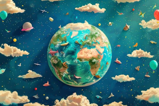 A colorful illustration of planet earth surrounded by playful animals, promoting love and care for the environment. The image radiates warmth and positivity, inspiring viewers to take action.