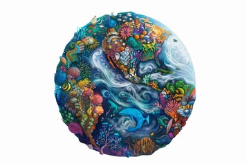 A whimsical illustration of planet Earth, with vibrant patterns and intricate details representing the diversity of life.