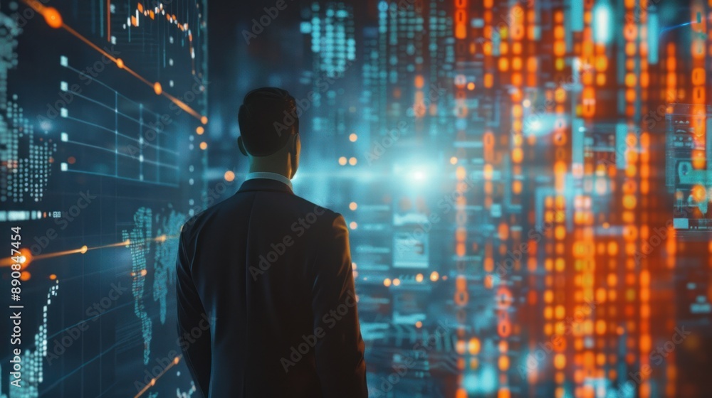 Poster man standing in front of data wall