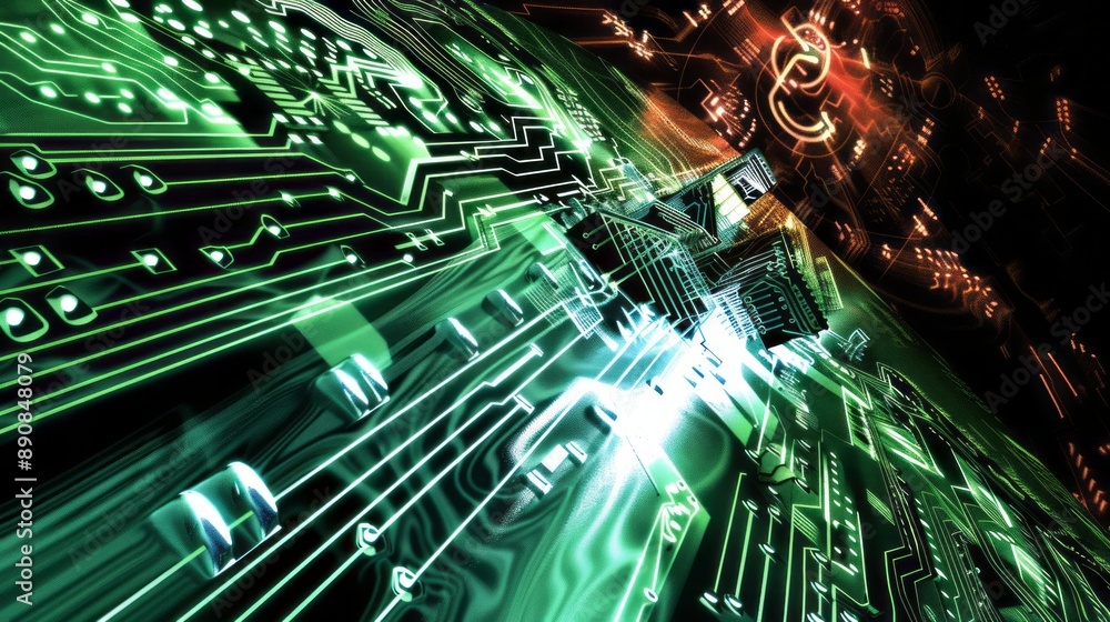 Poster abstract representation of circuit board with glowing green lines