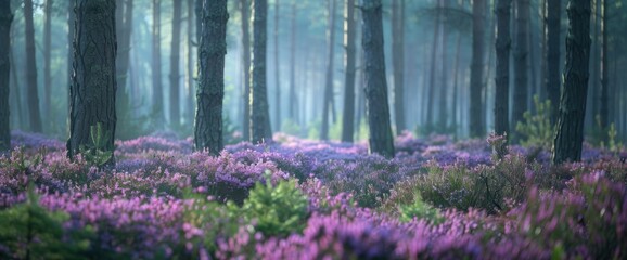 A pine forest with purple heather flowers in the foreground, panorama, natural light Generative AI