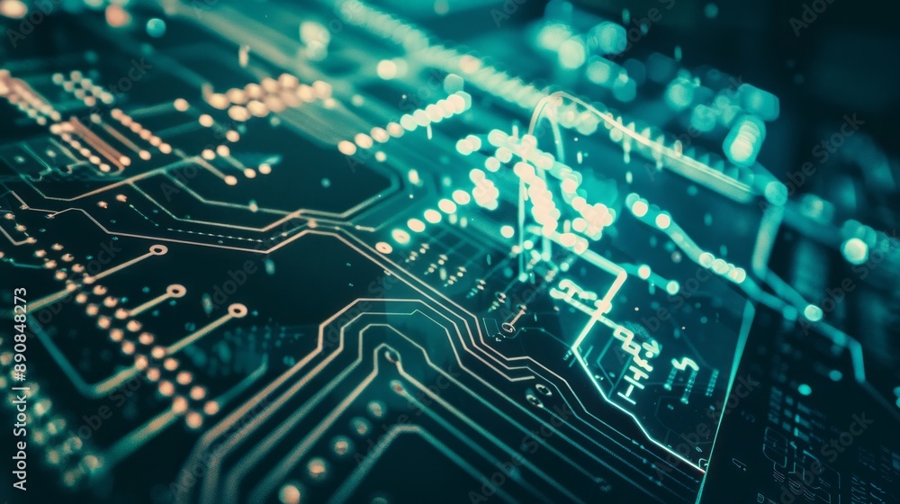 Poster close up of circuit board with glowing lines and bokeh lights