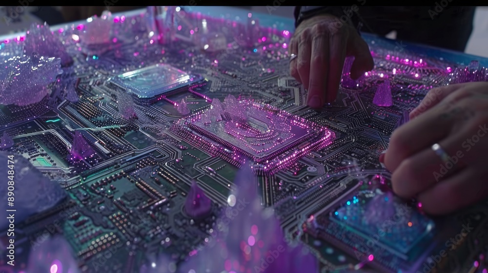 Aufkleber hands interacting with illuminated circuit board and crystal formations