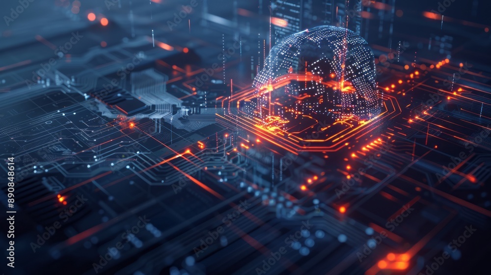 Poster digital globe glowing over circuit board with red lights