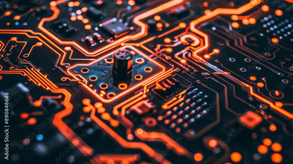 Aufkleber close-up view of illuminated circuit board traces