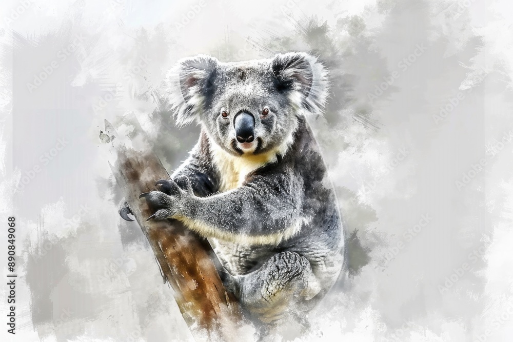 Poster a koala bear sits on a tree branch, looking out at the viewer