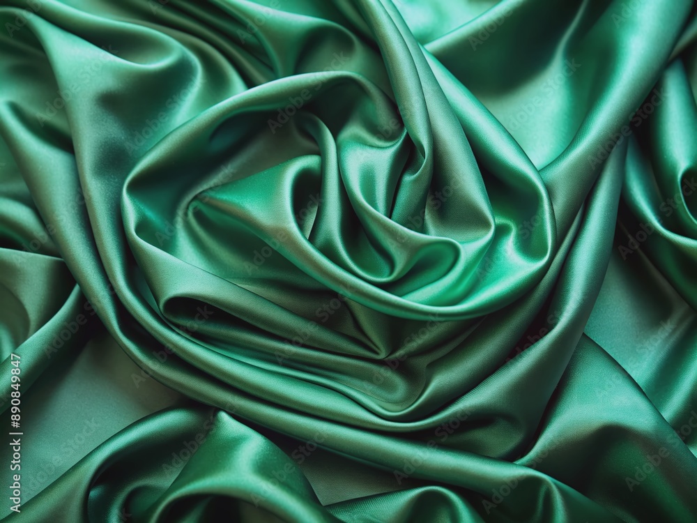 Poster luxurious emerald green silk satin fabric background with subtle sheen and soft folds, creating a re